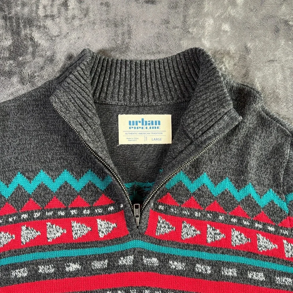 Urban Pipeline Mens Large Gray Fair Isle Geometric Quarter Zip‎ Pullover Sweater